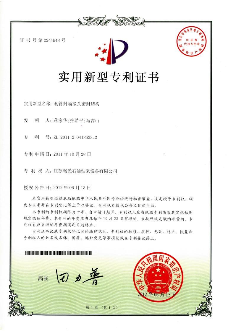 實用新型專利：套管封隔接頭密封結(jié)構(gòu)