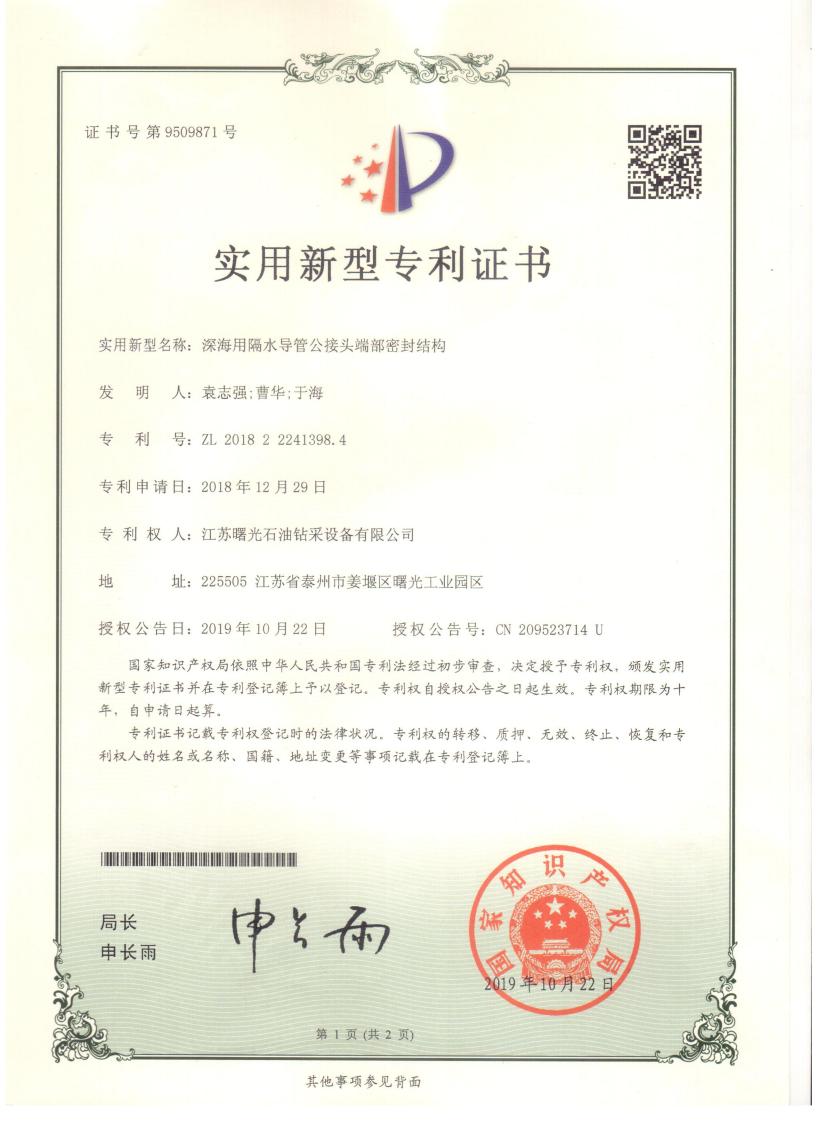 實用新型專利：深海用隔水導(dǎo)管公接頭端部密封結(jié)構(gòu)